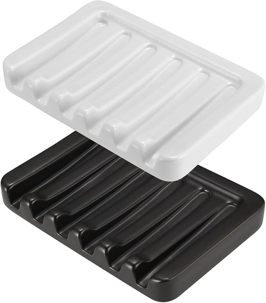 Self Draining Soap Dish, Ceramic Soap Holder for Shower, Vonpri Waterfall Bar Soap Case Saver Tray Sponge Organizer Keep Dry for Bathroom Kitchen Counter Sink (2, Black/White)