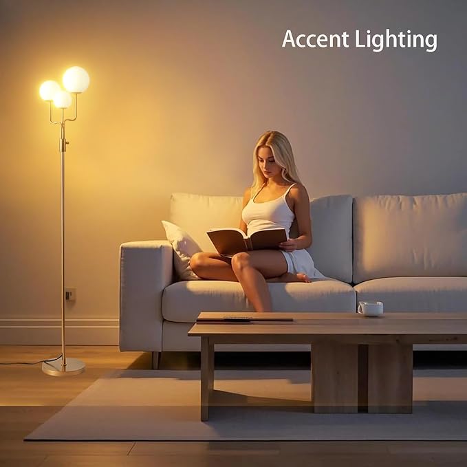 Fiqevs Dimmable 3 Globe Sputnik Floor Lamp, Mid Century Modern Tree Floor Lamp with 3 x 800LM LED Bulbs and Glass Shade, Elegant Antique Brass Gold Standing Lamp for Living Room, Bedroom, Office