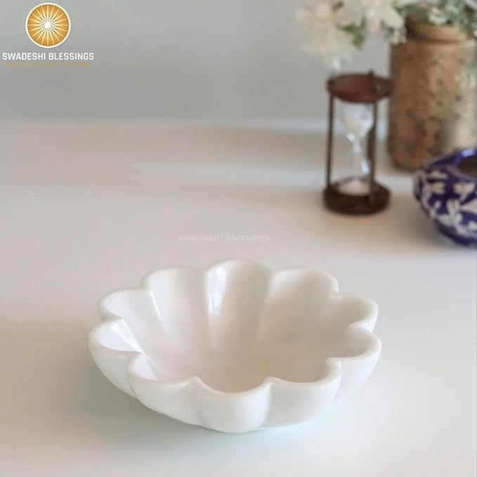 SWADESHI BLESSINGS HandCrafted Marble Decorative Bowl | White Ruffle Scalloped Fluted Key/Fruit Ring Dish | Organic Modern Home Decor (12 Inches)