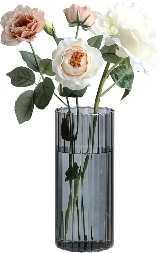 ComSaf Glass Cylinder Vases, Bud Vase for Centerpieces, 8 Inch Tall Ribbed Vase Hurricane Floating Candle Holder, Decorative Flower Vases for Wedding Reception, Home Decor, Housewarming Gift (Grey)
