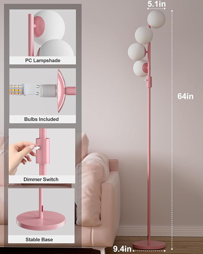64IN Dimmable Pink Floor Lamp, Tall Standing Lamps with 4 Globe Soft Warm White Eye Care 3000K G9 Bulbs, Mid Century Modern Floor Lamp for Bedroom Office