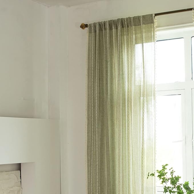 Sutuo Home Boho Curtains for Living Room Farmhouse, Semi-Blackout French Country Striped Linen Vintage Shabby Chic Tassels Hollow Window Treatment Bohemian Drape, 1 Panel 52" W x 90" L Green