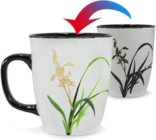 Funny Ceramic Magic Heat Color Changing Coffee Mug with Orchid Printing for Women Personalized White Green Tea Cup Large Mugs for Mom,Girl, Grandma and Man 16 oz