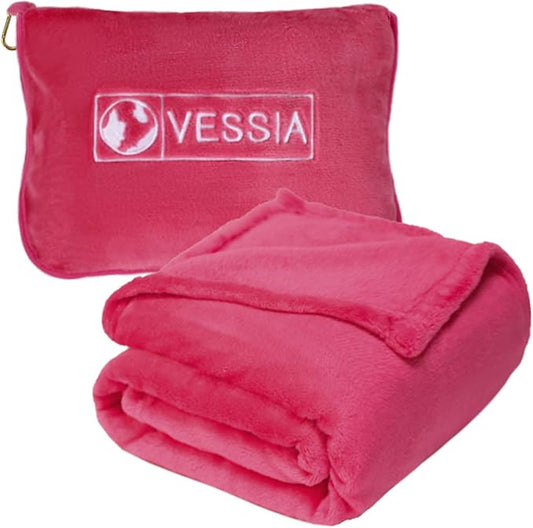 Vessia Travel Blanket for Airplane, Train and Car, Warm and Soft Travel Blanket and Pillow 2 in 1 for Adults and Kids, Portable Compact Long Flight Blanket with Luggage Sleeve, Backpack Clip(Hot Pink)