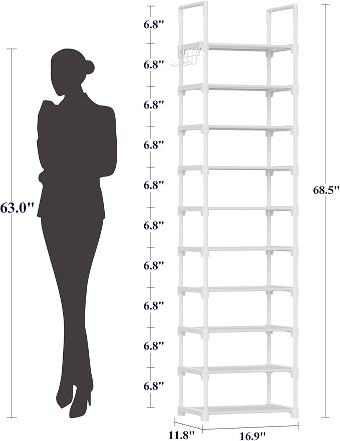 Kitsure Shoe Rack - 10-Tier Shoe Organizer with Detachable Fabric Shelves & Thick Metal Frame, Easy-to-Assemble Tall Shoe Rack for Closet, Entrance, Living Room, 16.9" × 11.8" × 68.5", White