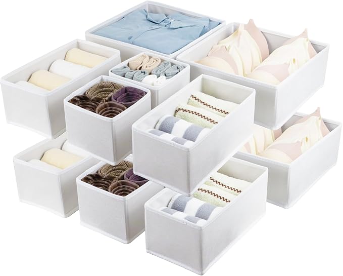 12 Pack Drawer Organizers for Clothing, Foldable Clothes Drawer Organizer for Underwear, Folded Clothes, Baby Clothing, Socks, Bra, Towels, Ties - Multi-pack Storage Box (White)