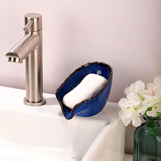 VanEnjoy Dish Washing Soap Holder Blue Ceramic Dish for Soap, Self Draining Soap Holder, Bar Soap Holder Leaf Shape for Bathroom, Kitchen