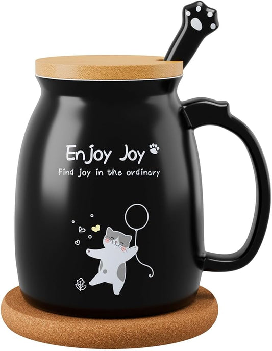 Ceramic Coffee Mugs Coffee Tea Mug Novelty Tea Cups for Cat Lovers Women Men Girl Friends Christmas Birthday Cat Mug with Lovely Stainless Steel Spoon, Wooden Lid, Thicken Wooden Coaster, 16oz