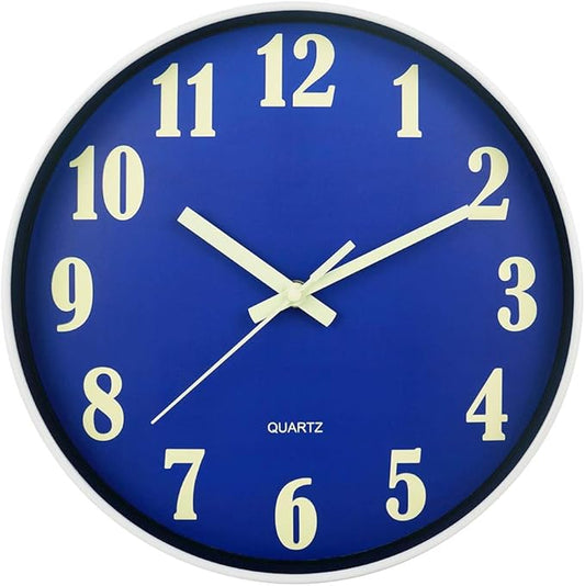 JoFomp Glow in The Dark Clock, 12 Inch Modern Silent Non Ticking Wall Clocks Battery Operated, Night Light Wall Clock for Living Room Decor, Wall Clock Decorative for Kitchen Bedroom (Blue)