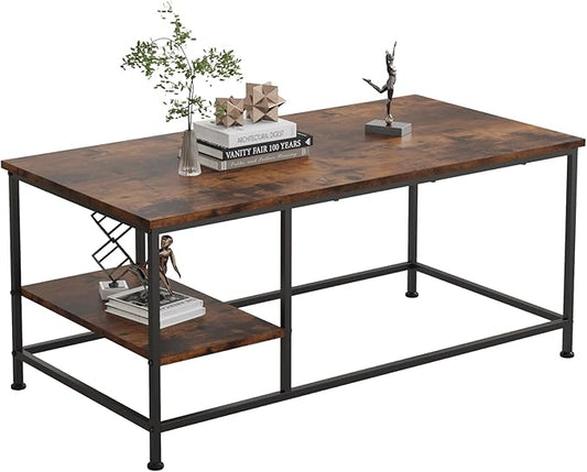 SENIG Brown Rectangle Wood and Metal Coffee Table with Storage Shelf for Small Living Rooms with Shelf