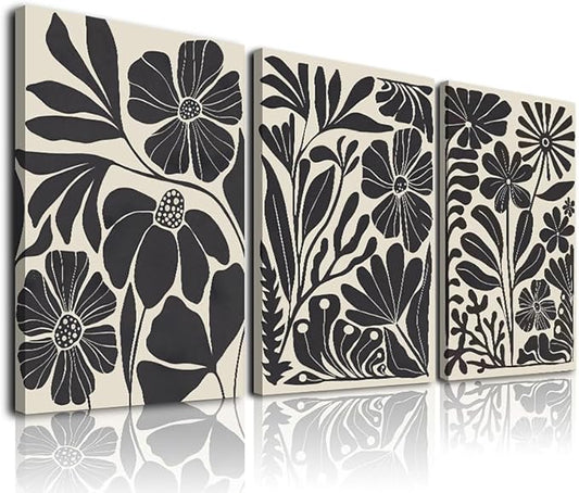 Framed Canvas Wall Art Set of 3, Minimalist Abstract Flower Floral Wall Art for Living Room, Boho Style Wall Decor Paintings, Modern Black Botanical Flower Art Print for Bathroom, Bedroom,