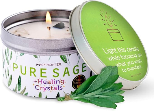 Magnificent 101 Long-Lasting Healing Crystals Candle | 6 Oz - 35-Hour Burn | All Natural Soy Wax, Rose Quartz, Amethyst, Moonstone & Black Tourmaline | House Energy Cleansing & Manifestation