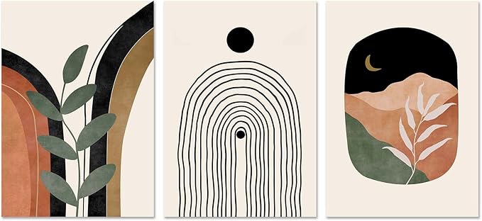 Boho Wall Art Prints Set of 3, Neutral Abstract Geometric Canvas Artwork for Bedroom, Bathroom, Living Room, Office (12x16 Inch x 3 Pieces)