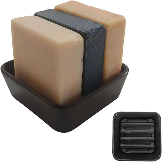 Ceramic Soap Dish with Drainer, Square Soap Holder for Bathroom, Shower, Kitchen Sink - Soapbox Saver Tray Dr. Squatch Bar Container Keeps Dry, Easy to Clean, Compact & Stylish (1, Black)