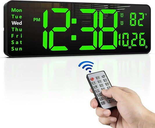 Zgrmbo 16-inch Digital Wall Clock with Remote Control, Large Display Digital Clock with Date, Indoor Temp, Week, 12/24H, Auto Dimming, A Wall Clock Suitable for Living Room, Warehouse, Shop, Gym