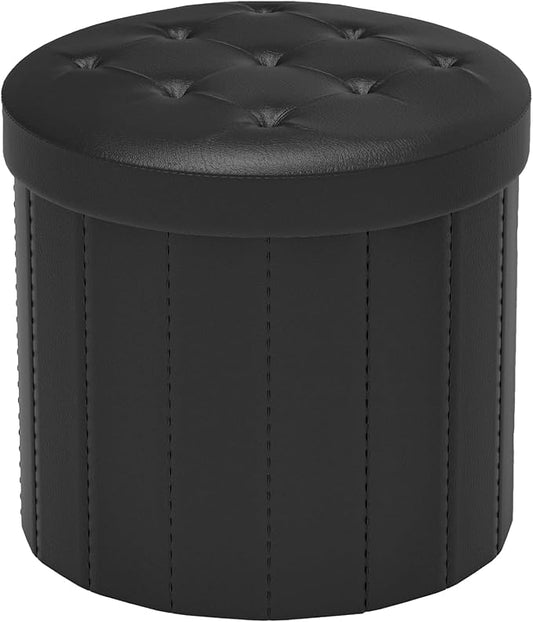 Bsketa® Folding Storage Ottoman Round 14" x 14" x 13"Inch, Foot Stool with Thicker Foam Padded Seat Small Leather Storage Ottoman Bench Foot Rest for Living Room Foldable Pouf Coffee Table,Black