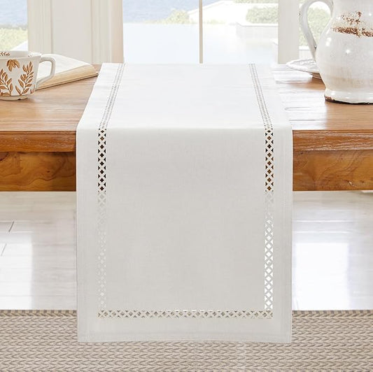 Burlap Style Farmhouse Table Runner, 13 x 90 Inch Off White, Rustic Geometric Hollow Table Runners 90 Inches Long for Dresser Table Everyday Use, 13x90 Inches, Off White