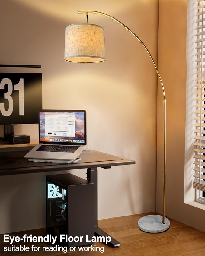 Lightdot Arc Floor Lamps for Living Room, Modern Standing Lamp with Hanging Drum Shade, Tall Standing Floor Lamp with Foot Switch, Over Couch Arched Reading Light for Bedroom, Office (Gold)