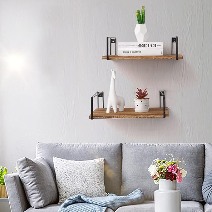Coral Flower Wide Floating Shelves Rustic Wood Wall Shelves Set of 2 Wall Mounted Shelves with Large Capacity for Many Rooms Decor,Carbonized Black
