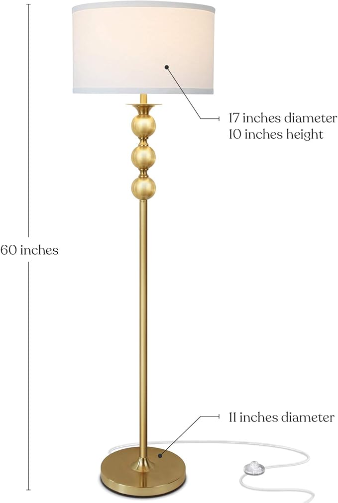 Brightech Riley LED Floor lamp, Boho Lamp for Living Rooms & Offices, Great Living Room Décor, Mid-Century Standing Lamp for Bedroom Reading, Tall Lamp With Drum Shade - Gold/Brass