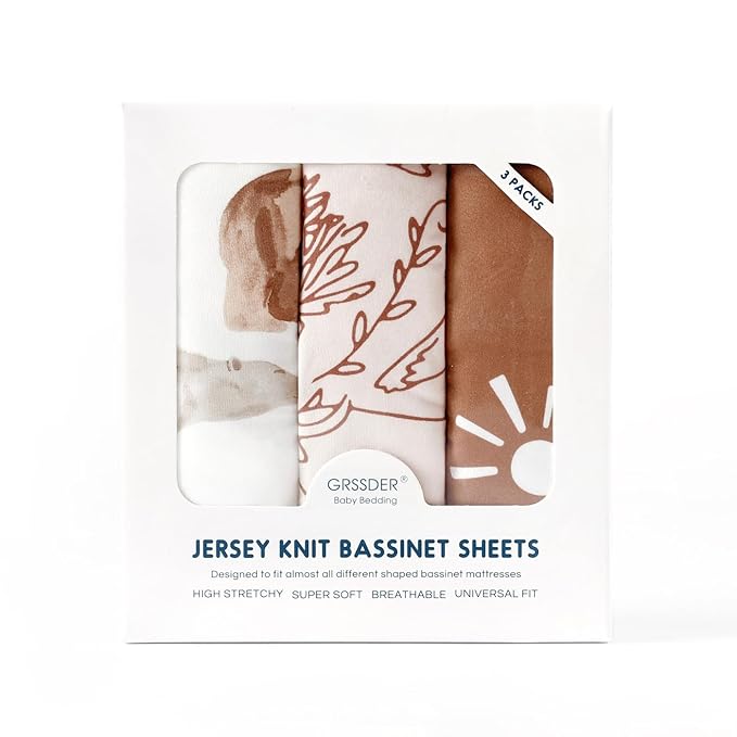 GRSSDER Stretchy Ultra Soft Bassinet Sheet 3 Pack, Universal Fit for Bassinets Baby Cradle Moses Basket Oval Rectangle Mattress or Changing Table Pad Safe and Snug, Stylish Print of Sunny Bear