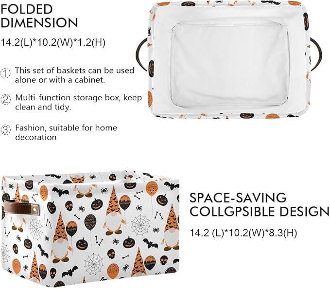 Happy Halloween Gnomes Storage Basket Fabric Kitchen Baskets Spooky Pumpkin Ghost Bat Spider Web Open Home Storage Bins Boxes Foldable Foldable for Candy Toy Decorations Baskets 16×12×8 Inches