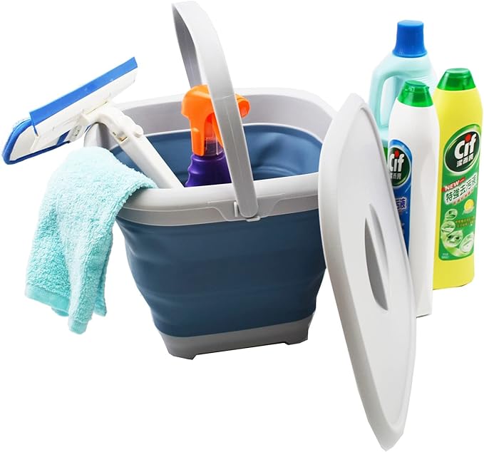 SAMMART 8.5L (2.2 gallon) Collapsible Square Handy Bucket with Lid/Foldable SquareWater Pail with Lid/Portable Tub with Handle and Lid. Size 31x31cm (Grey/Steel Blue, 1)