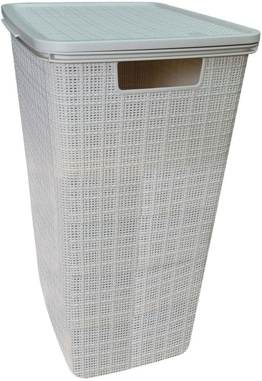 YBM Home Plastic Rattan Laundry Hamper Basket with Hinged Lid, Ventilation Holes, Durable, Lightweight Bin With Cutout Handles, Storage Dirty Clothes, Space Saver, 16.75" x 13.5" x 23.75", Beige