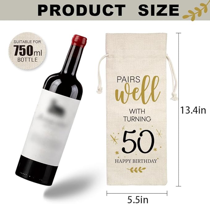 50th Birthday Gifts for Women Men, 50 Years Old Birthday Wine Bag Gifts, 50th Birthday Decorations, 1974 Birthday Gift, Happy 50th Birthday Party Wine Bag Gifts, Pairs Well With Turning 50