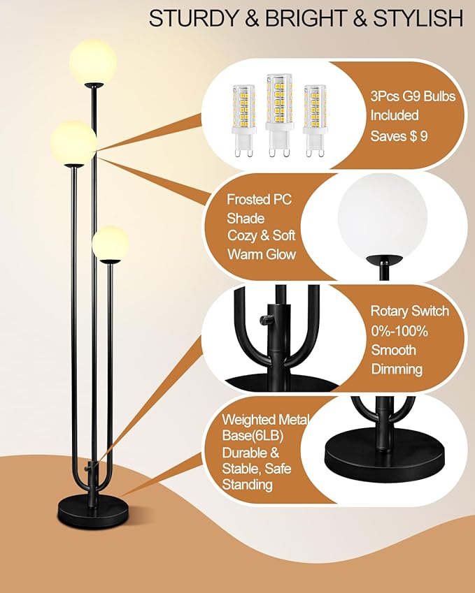 63IN 3-Light Dimmable Floor Lamp, Unique Tall Standing Lamps with 3 Black Poles and 3000K G9 Bulbs for Reading, Mid Century Modern Floor Lamp for Living Room Bedroom Office