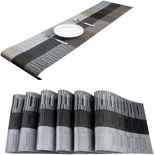 Placemats with Table Runner Set Place Mats, Woven Crossweave Vinyl Kitchen Tablemat, Washable PVC Table Mats for Dining Table, Parties, Farmhouse, Thanksgiving, Christmas & Gathering (Silver & Black)