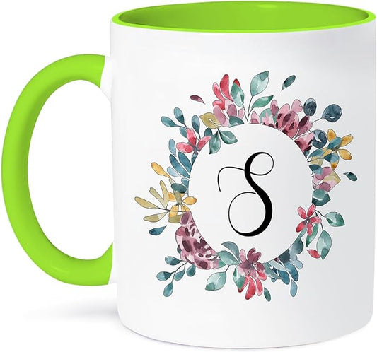 3dRose Coffee Mug, Size - 15oz - Pretty Watercolor Floral Circle Frame With A Monogram Initial S Monogram Initial - funny coffee cup gift