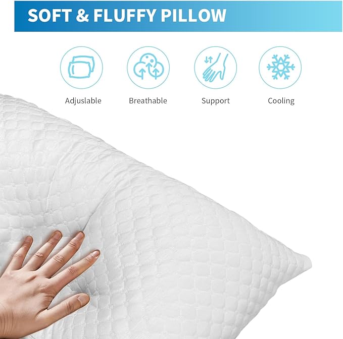 Shredded Memory Foam Pillows, Bed Pillows Standard Size Set of 2, Cooling Pillows for Sleeping, Adjustable Firm Pillows for Side Back and Stomach Sleepers, Bed Pillows with Washable Removable Cover