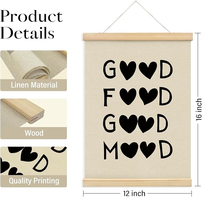 BIWSHA Good Food Good Mood Canvas Poster Framed Hanger 12x16 Inch,Funny Black Heart Kitchen Quotes Decor，Funny Words Poster，Kitchen Dining Room Decor