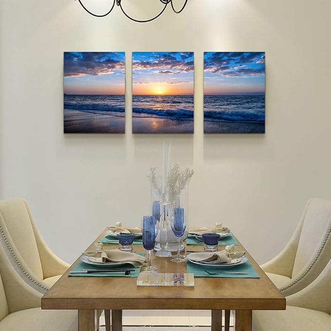 hyidecorart 3 Piece Canvas Wall Art -Sunrise blue sea view Landscape - Modern Home Decor Room Stretched and Framed Ready to Hang - 12"x16"x3 Panels