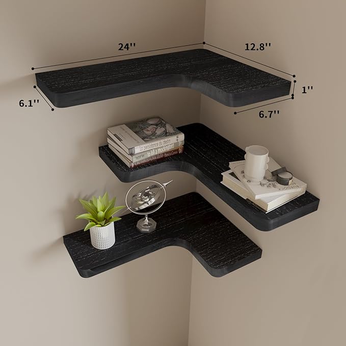 SAUMONIERES Corner Floating Shelves 24 Inch Wall Mount Shelf Solid Wood for Bedroom Bathroom Kitchen Storage Set of 2, Black