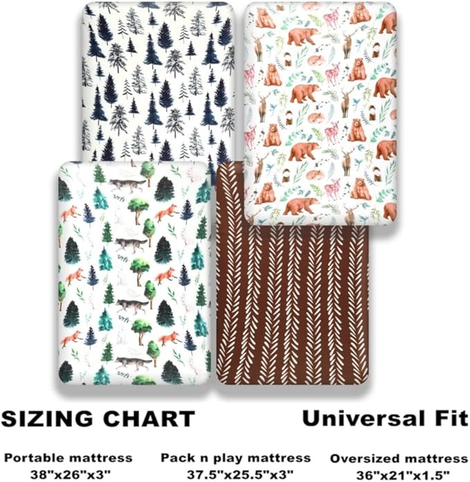 4 Pack N Play Sheets Woodland Forest Animals Wood Neutral Unisex Fitted Baby N Play Sheets Fitted for Standard Pack and Plays and Mini Cribs Set for Baby Boys or Girls