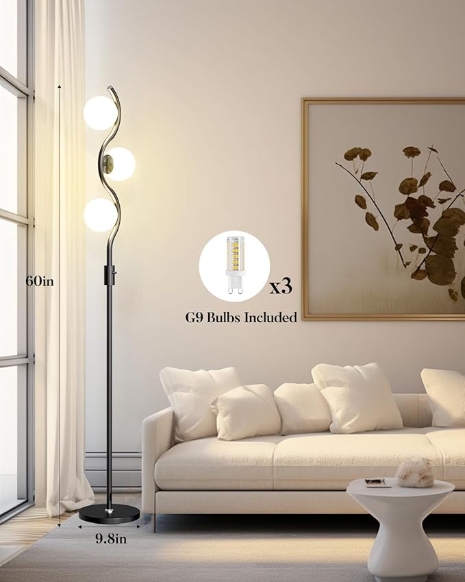 60IN Dimmable (Brightness Adjustable) Black Floor Lamp, Modern Standing Lamps with 3 Globe Soft Warm White 3000K Bulbs, Mid Century Floor Lamp for Living Room Bedroom Home Decor