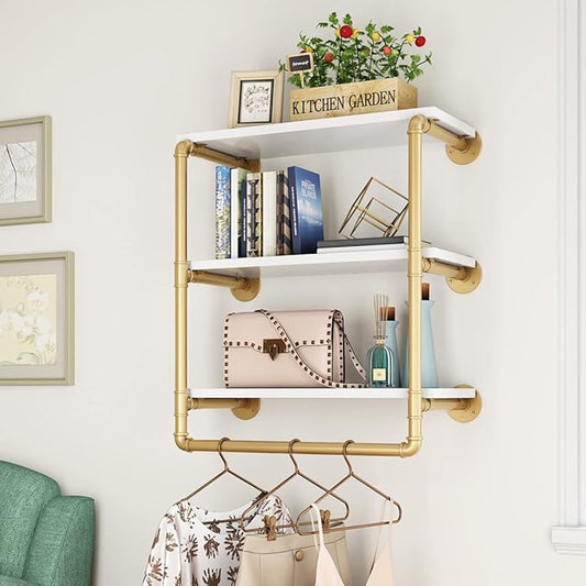 HOMEKAYT 24" Industrial Pipe Shelving, Floating Wall Shelves 3 Tier Gold Shelves with Haning Rod Multiple Use for Kitchen, Bedroom,Living Room,Bathroom