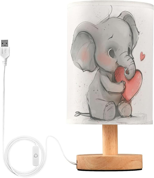 Table Lamp Elephant Love Heart Nightstand Lamp with Wood Base Fabric Lamp Shade Bedside Desk Lamp for Living Room Bedroom Kids Room Office