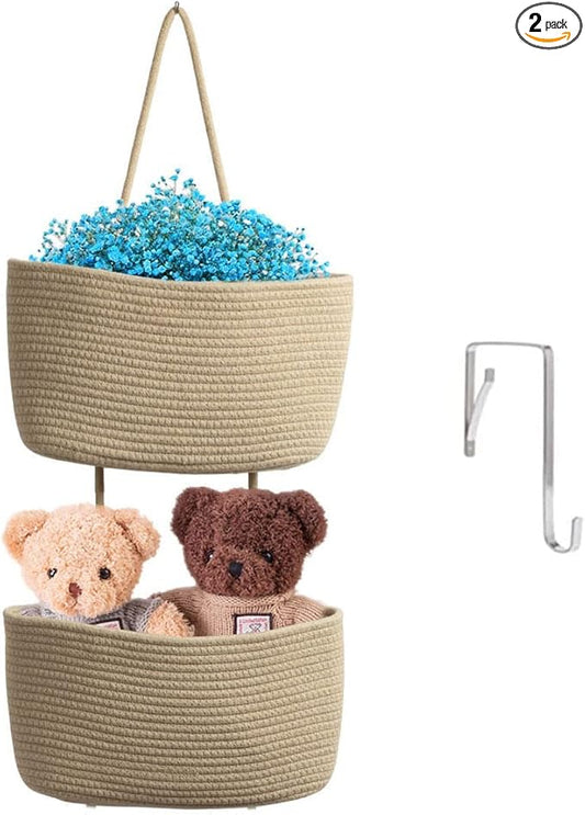 TeoKJ Over the Door Hanging Basket, 2-Tier Woven Cotton Wall-Mounted Storage Organizer Bag Decorative Hanging Kitchen Baskets - Jute