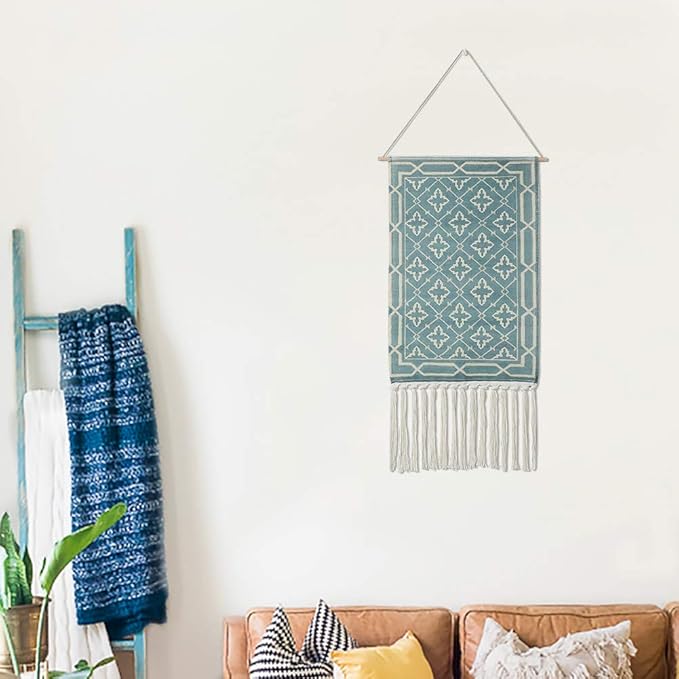 Dremisland Macrame Woven Wall Hanging Tapestry- Boho Chic Bohemian Home Decor Geometric Art Decor Boho Backdrop - Beautiful Apartment Dorm Room Door Decoration, 17.7" W x 32" L (Vintage Green)