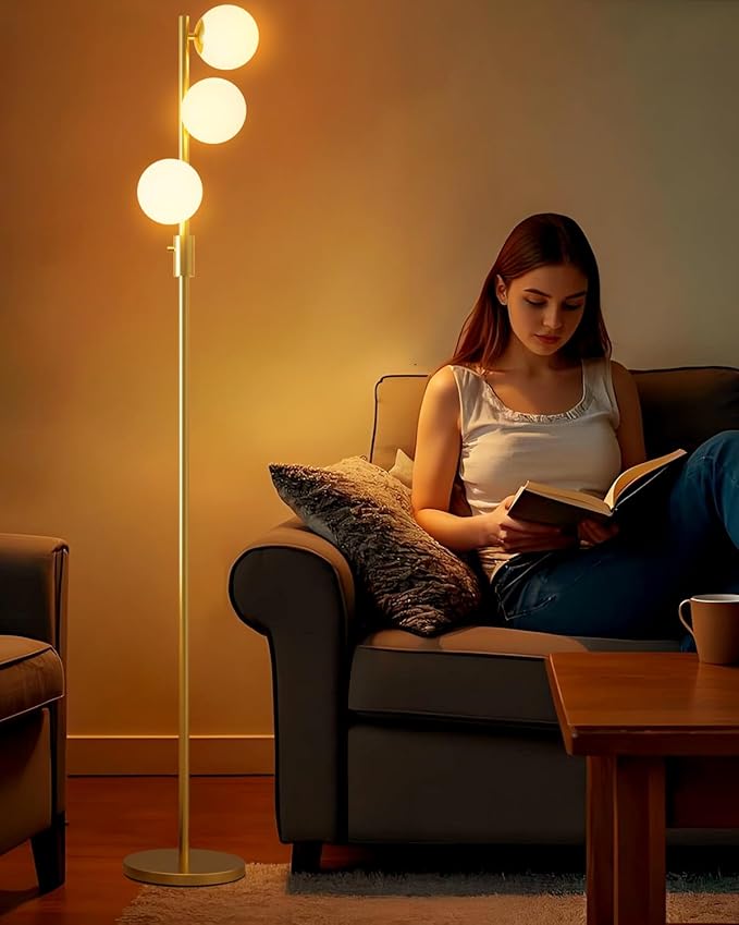 64IN Dimmable Gold Floor Lamp, Tall Standing Lamps with 3 Globe Soft Warm White Eye Care 3000K G9 Bulbs, Mid Century Modern Floor Lamp for Bedroom Office