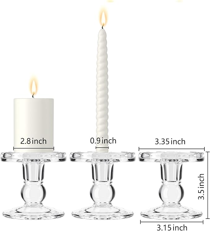 Clear Glass Candle Holders for Taper Candles 1 Pack (Total 3 Pcs), Pillar Candles Tealight Candle Holder for Wedding, Dinning and Decoration-Fit 0.9" to 2.8" Premium Multipurpose Candles