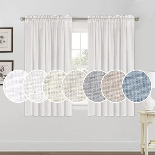 PrinceDeco Linen Curtains 63 inch Length Rod Pocket Window Drapes for Bedroom Thick Linen Burlap Vertical Drapes Burlap Look Farmhouse Country Decor(Off White, 52" W x 63" L)