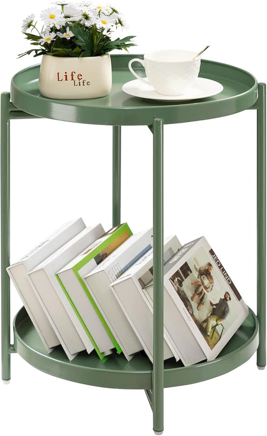 TeoKJ 2 Tier Green Side Table, Folding Round Metal End Table Small Nightstand with Two Removable Tray for Bedroom Living Room Bedside Small Spaces Dark Green
