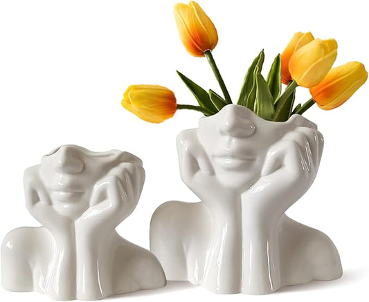 Ceramic Vases Set of 2-White Vase for Modern Home Decor, Flower Vases for Aesthetic Room Decor,Boho Decor Wedding Dinner Table Party Office Centerpiece Table Decorations (White face)