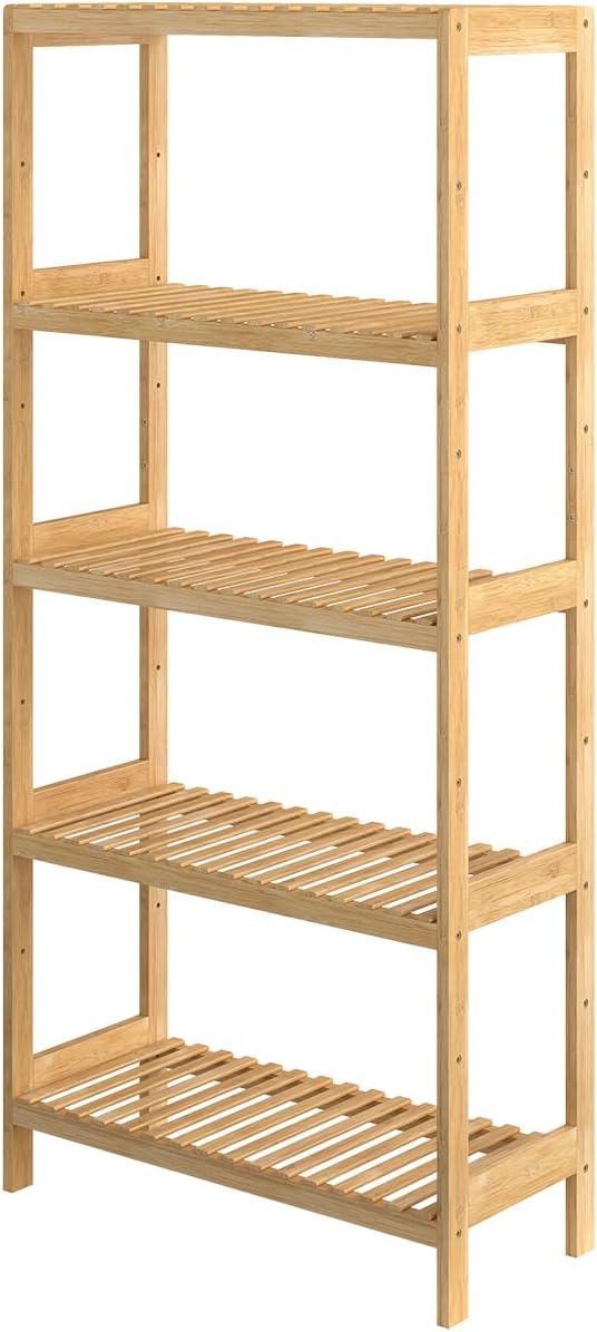 kinbor 5-Tier Bamboo Shelf Freestanding - Space-Saving Bathroom Standing Shelf & Plant Stand, 5 Shelf Bookcase for Kitchen, Living Room, Office (Natural Bamboo, Easy Assembly)