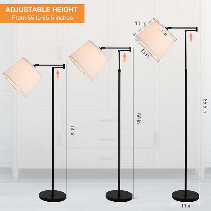 55"-65.5" Adjustable Floor Lamp for Living Room, Black Swing Arm Floor Lamps for Home, Modern Standing Lamp, Tall Black Floor Lamp for Reading, Home Office, Nursery, Bedroom