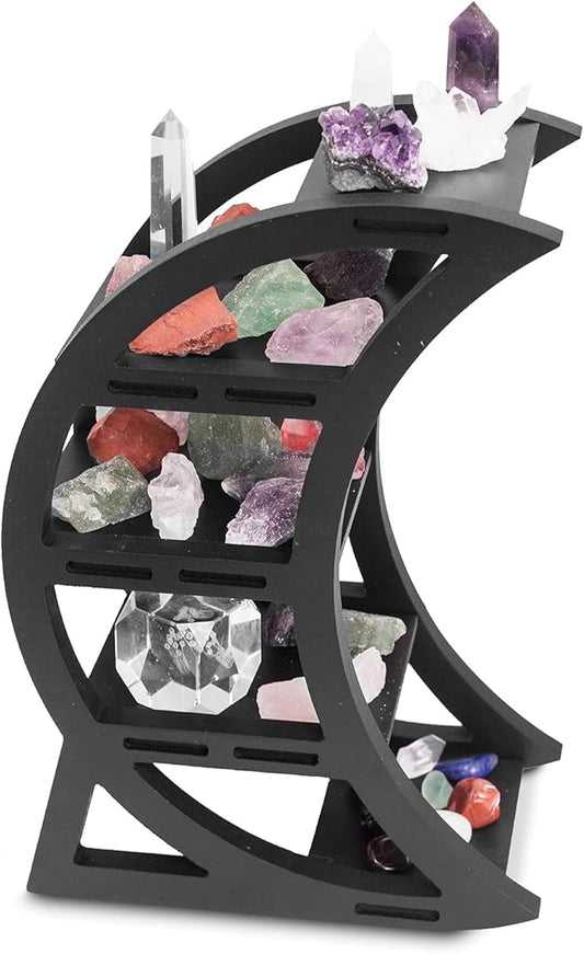 Wooden Crystal Display Shelf - Crystal Holder for Stones and Essential Oil - Black Witchy Decor Crescent Moon Phrase Decorative Shelves for Table Top - Unique Crystal Shelf Display Stand